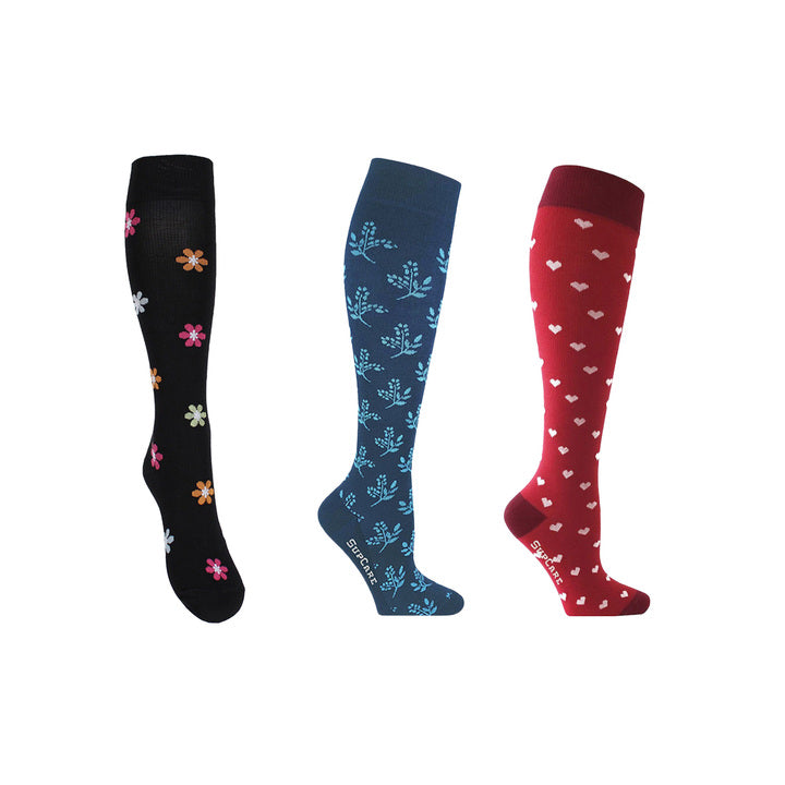  Compression socks flowers, hearts and turquoise for swollen and tired legs 3-pack