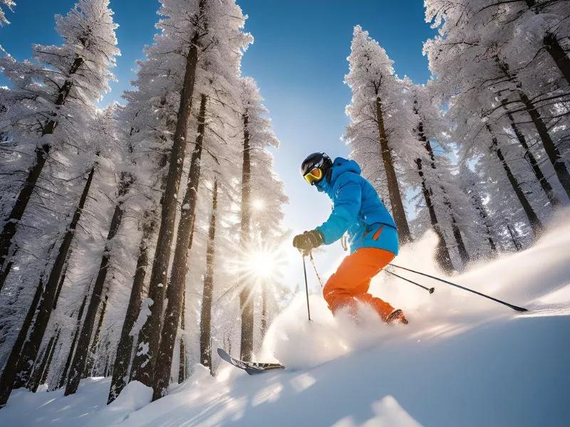 Person beim Skifahren, schneebedeckte Bäume im Hintergrund Person beim Skifahren, schneebedeckte Bäume im Hintergrund