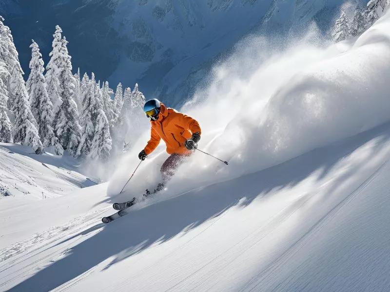 Person beim Skifahren, schneebedeckte Bäume im Hintergrund Person beim Skifahren, schneebedeckte Bäume im Hintergrund
